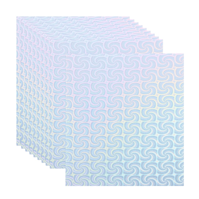 Unique Bargains A4 Holographic Cardstock, 10 Pack Metallic Iridescent Mirror Paper Sticker Foil Board, Style 2. The image shows a stack of 10 multicolored self-adhesive cardstock sheets with a vibrant holographic swirl pattern. Each sheet measures 297 x 210 x 0.2mm (11.7 x 8.3 x 0.01 inches) and features a smooth, reflective surface. Ideal for crafting, scrapbooking, and DIY projects, these durable sheets are easy to cut and shape.