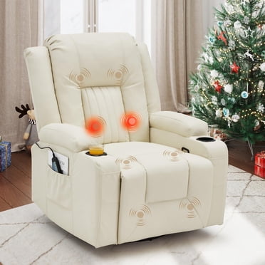 AECOJOY Manual Recliner Chair with Heat & Vibration Massage, PU Leather 360 Swivel Rocker with Cup Holders for Living Room, Cream White