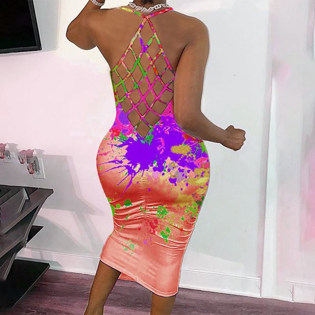 CEHVOM Women Fashion Print Color Halter Fishnet Round Neck Dress Long Dress