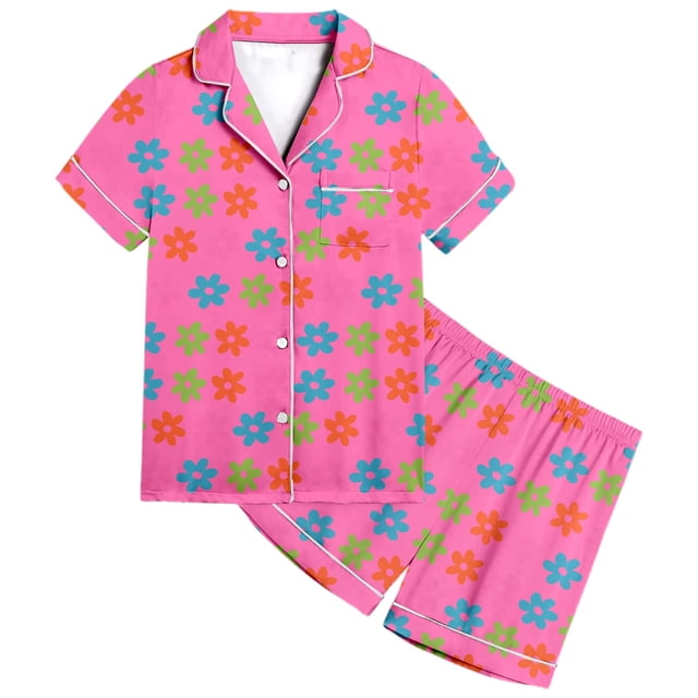 MIASHUI Girls Pajamas Set Flower Pattern Button-Down Sleepwear 2 Piece Nightwear,Hot Pink,8-9 Years