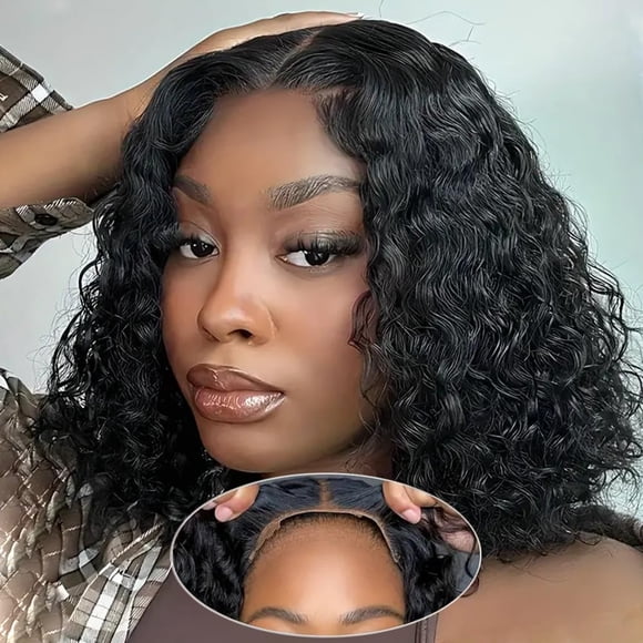 Wear and Go Bob Wig Human Hair Deep Wave Glueless Wigs Pre Plucked Pre Cut 4x4 Lace Closure 180% Density Ready to Wear Bob Wigs for Black Women Beginner Friendly (Curly Bob Wig,