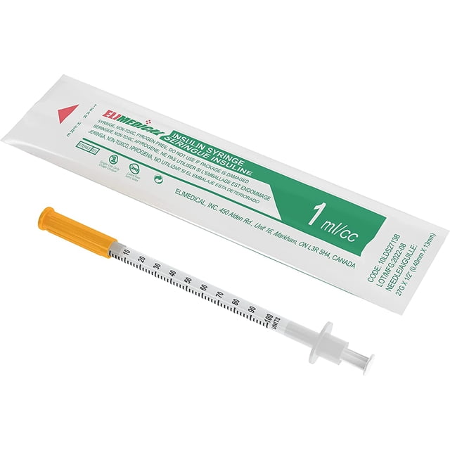 Elimedical Veterinary Syringe U-100 1ml 27g x ½” 100pcs/box 10LDS2713B. A single syringe with a transparent barrel, bold measurement markings, and an orange-capped ultra-fine 27-gauge ½ inch needle. The syringe is individually sealed in sterile packaging, shown alongside its green and white labeled bag. Designed for diabetic pets like cats and dogs, it features a low dead space design for accurate dosing and is made of non-toxic, pyrogen-free materials. Manufactured in Canada and compliant with ISO standards.