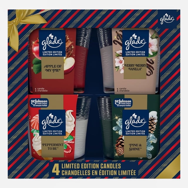 Glade® Scented Candle Air Freshener, 4 Pack of limited edition holiday jar candles in a striped gift box with a gold bow graphic. Includes Apple of My Pie, Very Merry Vanilla, Peppermint To Be, and Pine & Shine scents in glass jars with festive labels, ideal for adding seasonal warmth.