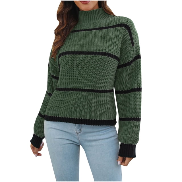 IROINID Women's Turtleneck Pullover Sweater Stripes Comfy Mid-Length Long Sleeve Sexy Ruched Blouse Tops