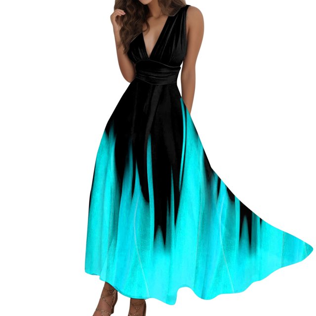 B91xZ Femmes Printemps Summer Dresses Casual Sans Manches V Cou Tunique Fluide Robe, Bleu Ciel XL