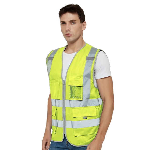 TOPTIE Class 2 High Visibility Zipper Front Safety Vest with 9 pockets and reflective strips, designed for workwear and safety gear. Shown in fluorescent yellow with silver reflective bands on the chest, shoulders, waist, and back. Features include a high-density plastic zipper closure, mic tab, and a clear plastic cardholder for identification. Made of lightweight, breathable 100% polyester fabric, meeting ANSI/ISEA 107 Class 2 standards for enhanced visibility and safety.