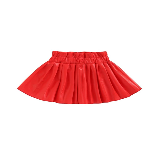 Girl Mini Skirt Solid Color Faux Leather Pleated Skirt
