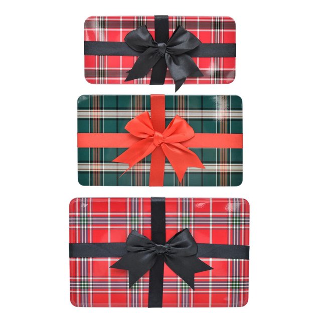 HOLIDAY TIME BOW SQUARE TIN set of three rectangular plaid tins with two red tins featuring black ribbon bows and one green tin with a red ribbon bow, food safe and suitable for gift boxes, party favors, and small item storage.
