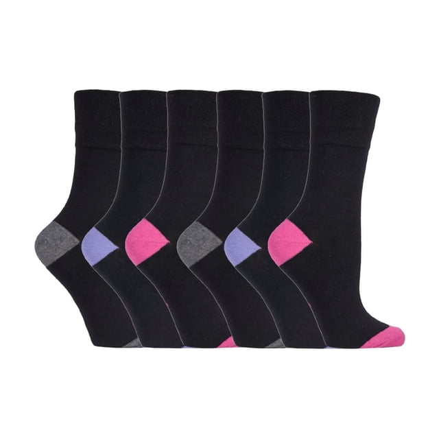 Gentle Grip - 6 Pairs Ladies Gentle Grip Non Elastic Crew Socks featuring a HoneyComb Top design for comfort and circulation support. These black cotton-rich socks have contrasting toe and heel accents in pink, purple, and grey. Ideal for those with circulatory issues or swollen feet, they provide a secure fit without tightness or constriction rings. Suitable for daily wear and designed to stay in place without slipping.
