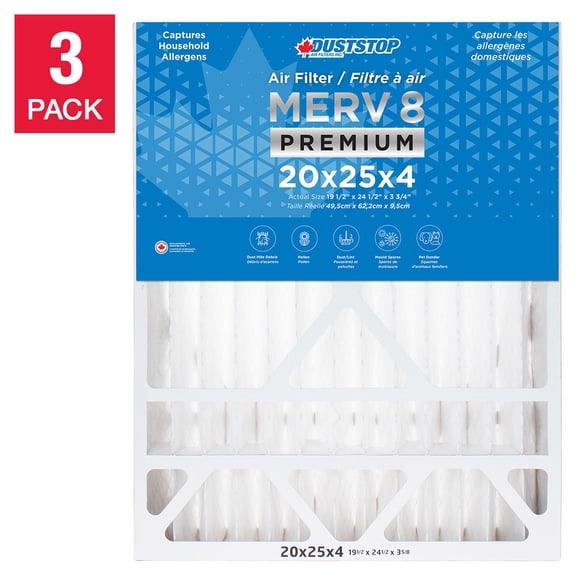 Duststop MERV 8 Premium Pleated Furnace Filter, 3-pack 20 x 25 x 4
