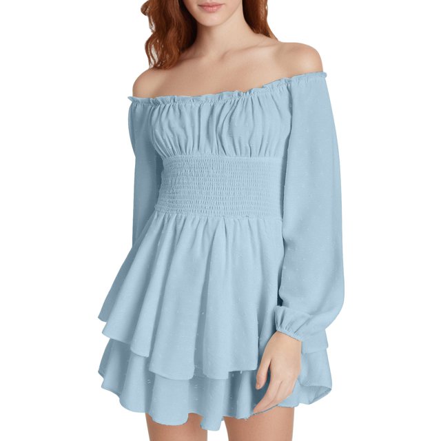 Robe Maxi Décontractée pour Femme à Volants Superposés, Jupe-Culotte en Mousseline Décontractée, Col Rond, Col en V, Robe pour Femme à Épaules Dénudées, Mini Évasée, Robes Maxi Décontractées pour Femmes, Robes