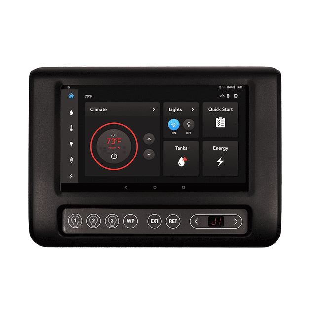 BMPRO Système de Contrôle pour VR RVMC201A JAYCOMMAND avec interface à Écran Tactile Murale. Conçu pour Contrôler des Fonctionnalités de VR comme l'Éclairage, les Coulisses, les Auvents, les Prises, le Chauffage, le Refroidissement et les Génératrices, Il Surveille Aussi les Réservoirs d'Eau, la Température, la Pression des Pneus, la Batterie et les Niveaux de GPL. L'Affichage Indique le Contrôle du Climat, l'Éclairage, les Niveaux de Réservoir et l'État de l'Énergie. Compatible avec le Réseau 4