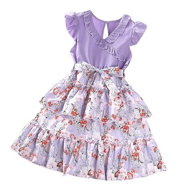 Chandails pour Filles Taille 8 Robe de Demoiselle d'Honneur pour Petite Fille Robes pour Filles Été Manches Volantées Robe à Imprimé Floral
