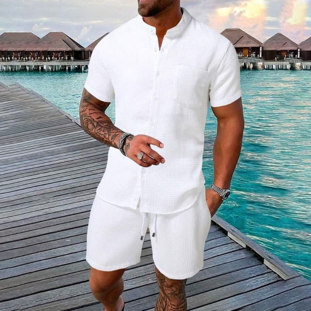 Weiqiqre Men's Short Sets 2 Piece Outfits Button Down Linen Shirts and Short Sets Summer Beach Outfis