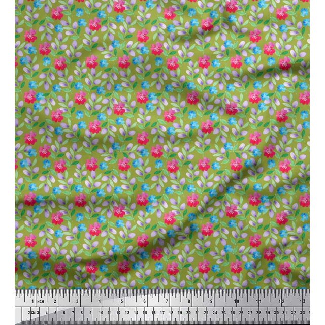 Soimoi Polyester Crepe Fabric Leaves & Floral Artistic Printed Fabric 1 Yard 42 Inch Wide