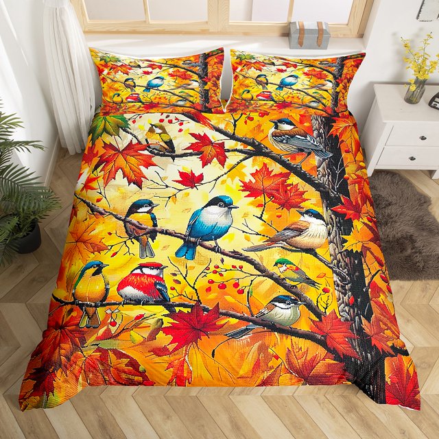 YST Fall Cardinal Bird Duvet Cover Full Size Autumn Maple Trees Bedding Set, Kids Fall Thanksgiving Comforter Cover Colorful Bird Autumn Trees Botanical Leaves Branches Bed Cover