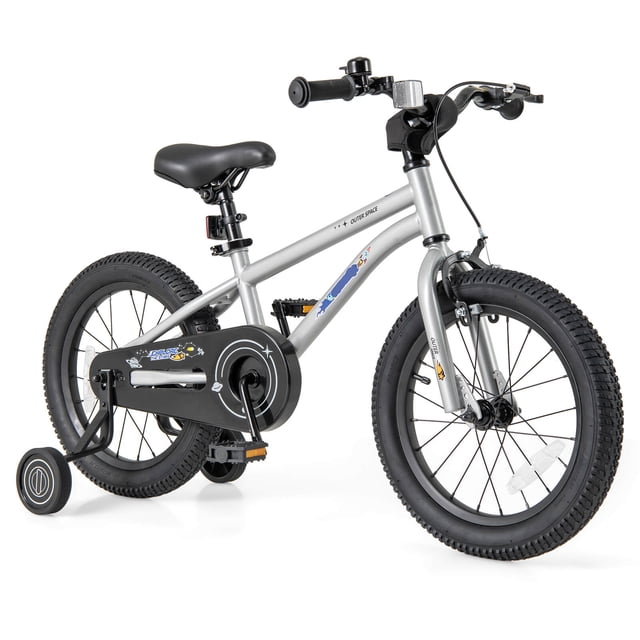 Costway 16-Inch Kid's Bike for 4-7 Years Old with Adjustable Saddle & Anti-slip Handlebar in silver. This bike features a high carbon steel frame, dual brake system with hand and coaster brakes, and removable training wheels for stability. The adjustable seat height ranges from 22.5 to 25 inches, accommodating kids 41.3 to 51.2 inches tall. Includes anti-slip pedals, front and rear reflectors, a bell, and wear-resistant rubber tires for safety and comfort.