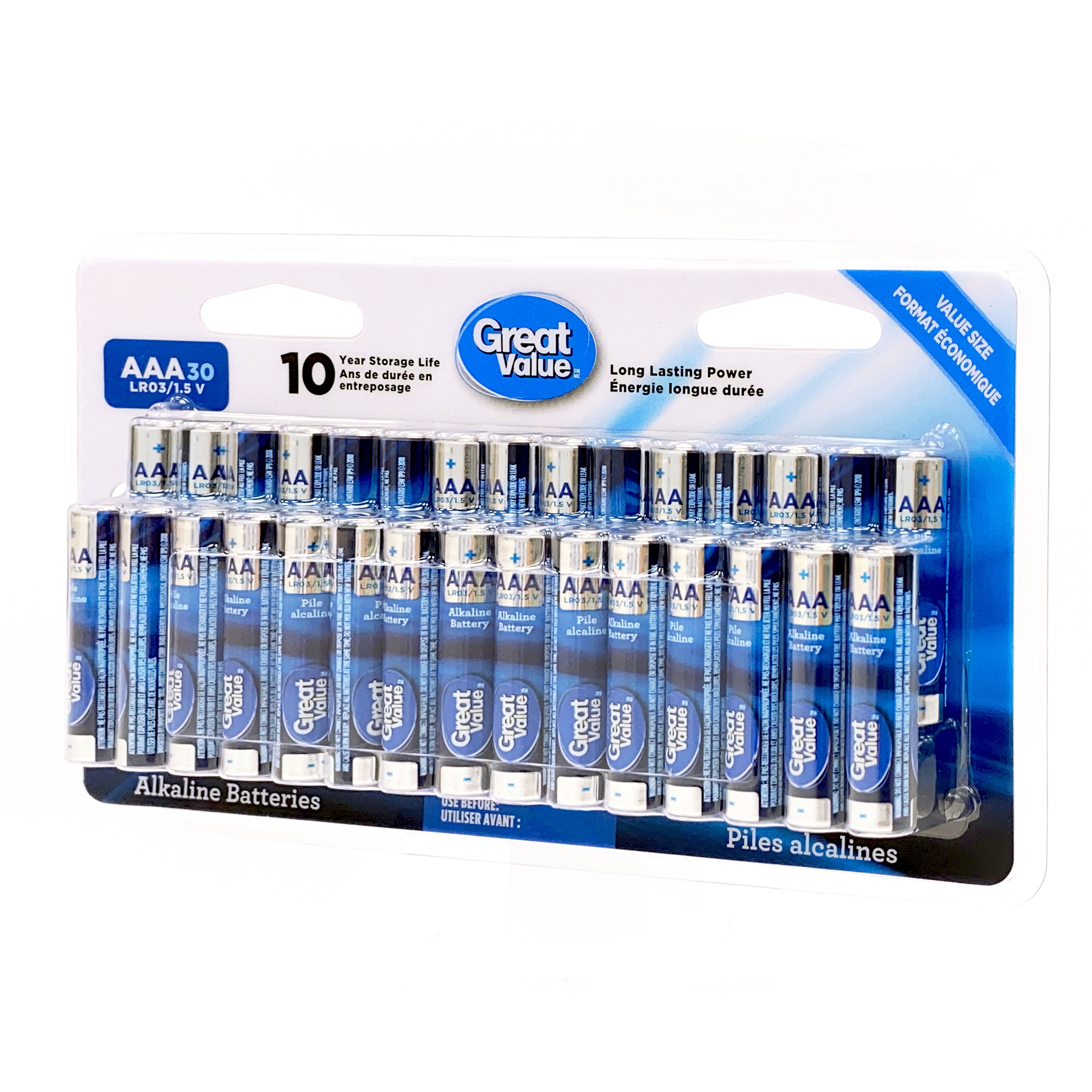 Piles alcalines AAA LRO3/1,5 V, format économique de Great Value Paquet de 30, durée de conservation de 10 ans