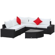 Outsunny 6 Pieces Wicker Patio Furniture Set, PE Rattan Outdoor Garden Conversation Sectional Sofa Set with 4" Thick Padded Cushions, Fan-Shape Glass Top Coffee Table, Beige