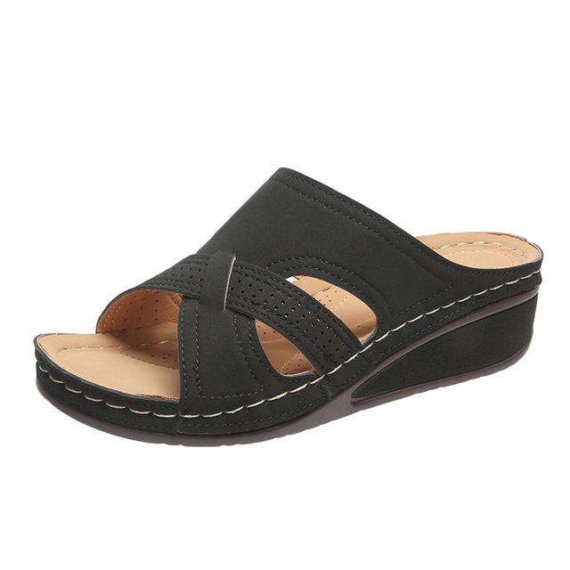 Penkiiy Womens Sandals Hollow Wedge Sandals Open Toe Orthopedic Arch Support Slip-on Slippers Perforated Backstrap Sandals Flower 39 Black