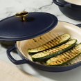 thumbnail image 5 of Sur La Table Kitchen Essentials 4-Piece Enameled Cast Iron Stackable Cookware Set 5.3 Qt Dutch Oven with Lid Braiser & Grill Pan Navy Blue Gold Knob Oven Safe to 500F Induction Compatible, 5 of 5