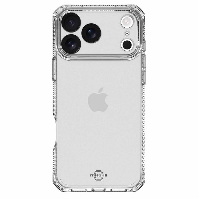 ITSKINS Spectrum_R Étui Clair pour iPhone 17 Pro Max Montré dans une Vue Arrière Centrée avec un Étui transparent en Matériau Recyclé Ultra Mince avec Bords Renforcés, Découpes Précises de protection de Caméra et d'Écran, Chute de 3 m Testée et Propriétés Antimicrobiennes. Convient à une protection Quotidienne durable et Écoresponsable et à une Utilisation Légère en Voyage.