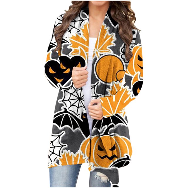 CEHVOM Cardigan à Imprimé d'Animaux d'Halloween pour Femmes, Chat, Citrouille, Manteau d'Automne