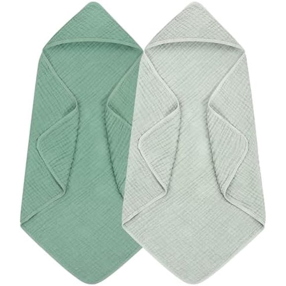 Tian Qi 2 Pack Hooded Baby Towels, 100% Muslin Cotton Bath Towel for Babies, Newborn, Infant and Toddler, Absorbent Soft Baby Bath Towel with Hood, Boy and Girl Bath Essentials Green+grey Green+grey