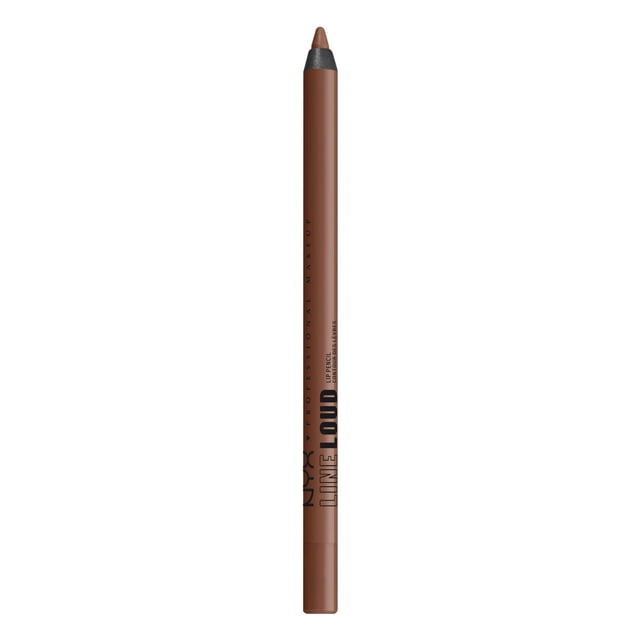 NYX PROFESSIONAL MAKEUP Line Loud Waterproof Lip Pencil in brown with a smooth matte finish, featuring black branding text on the pencil body. This longwear, vitamin E infused, vegan formula lip liner glides smoothly for precise, comfortable application.