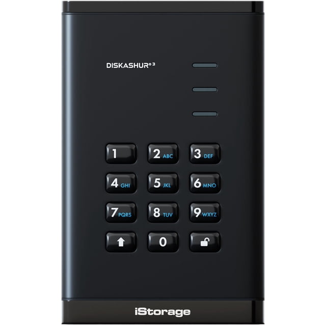 Istorage 1TB diskAshur3 USB 3.2 Gen 1 Encrypted Portable Hard Drive in black, front view showing a rectangular device with a matte black finish, a backlit numeric keypad with 12 keys including numbers and function buttons, three horizontal indicator lights above the keypad, and the iStorage logo at the bottom, ideal for secure external data storage.