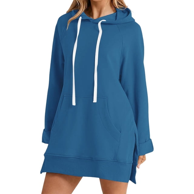 Kcodviy Robe d'Automne pour Femmes à Manches Longues Unie, Couleur, Poche, à Capuche, Longueur Moyenne, Robe Longue pour Femmes, Longue, Décontractée, Ample, à Capuche