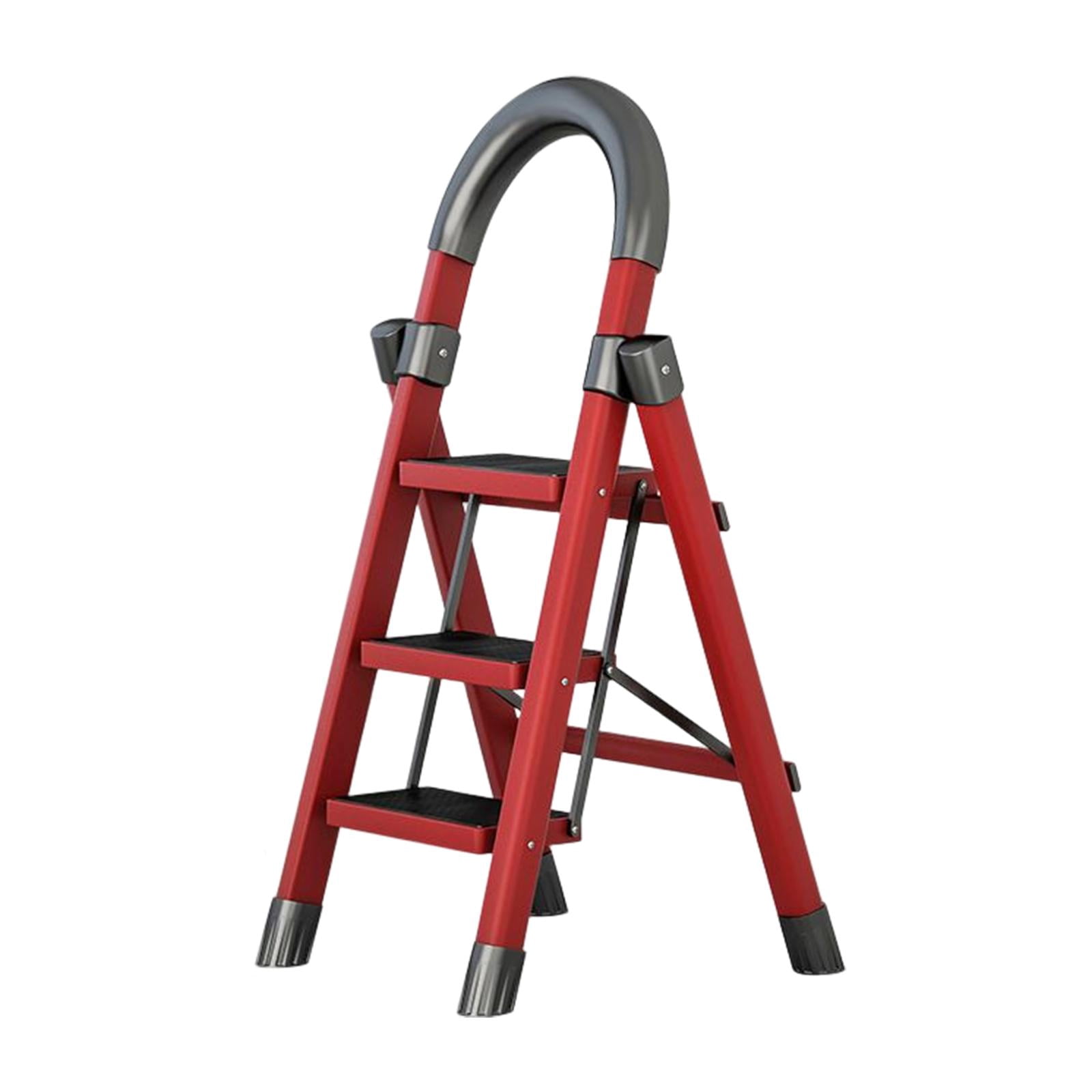 DOLITY Folding Ladder with Sponge Hand Grip with Anti Slip Pedal Foldable for Household Red 3 Step