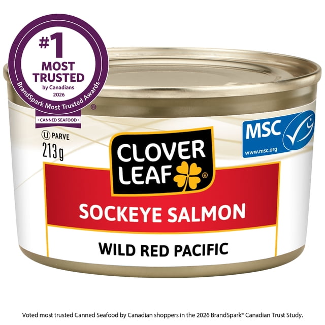 Clover LEAF® Sockeye Salmon canned wild sockeye, packed solid as one large piece in its own juices; deep red fillet visible in opened tin with firm texture. MSC certified and often used on salads, sandwiches or in casseroles.
