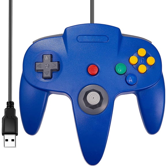 Manette Version USB Classique N64, Manette de Jeu Filaire USB N64 pour PC, Joystick, Clé de Jeu Filaire USB N64 Bits pour PC Windows MAC Linux Genesis Raspberry Pi Retropie Emulator [Plug & Play] (Bleu)