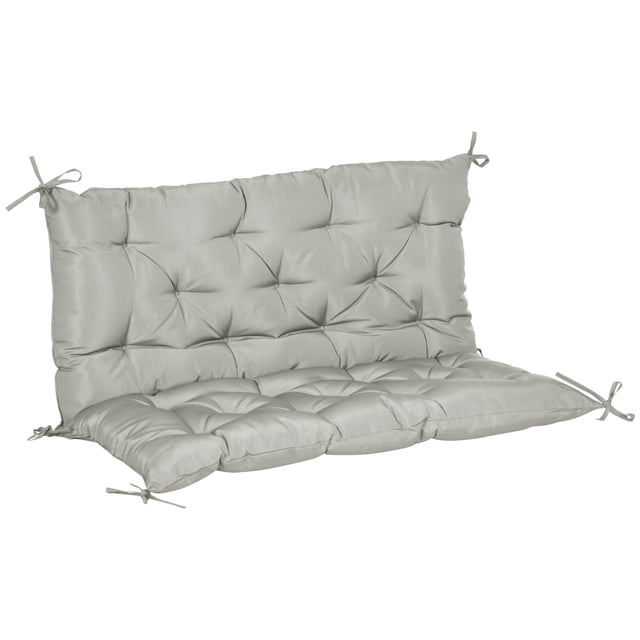 Outsunny Garden Bench Cushion with Backrest, Non-Slip 2 Seater Soft Pad in light grey. This 39.4-inch wide cushion features a soft polyester and cotton filling with an overstuffed design for extra comfort. Includes tie ropes for secure attachment to metal or wooden benches. Dimensions: 38.6 inches long, 39.4 inches wide, and 3.1 inches thick. Backrest height: 19.3 inches.