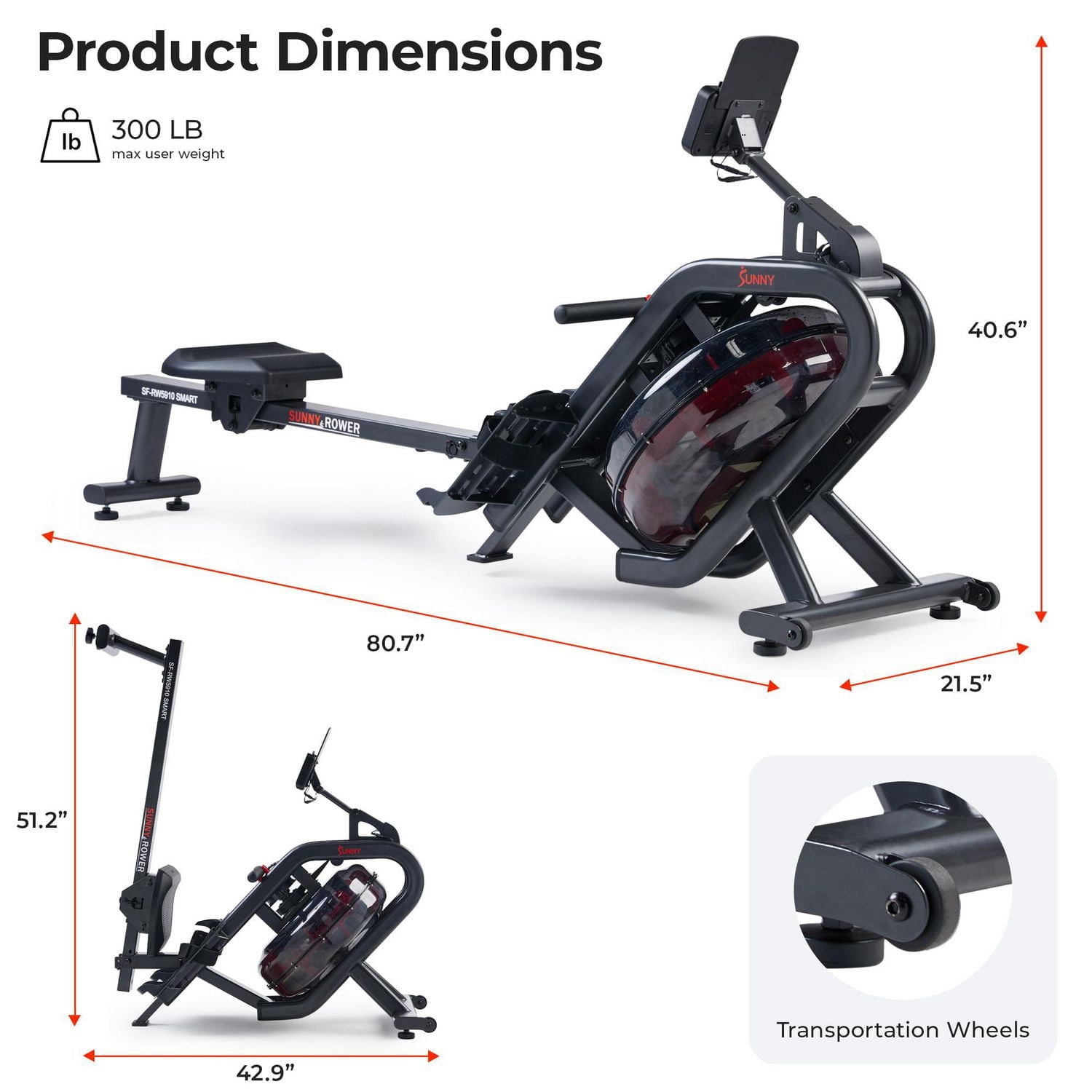 **Rameur à Eau Intelligent Phantom Hydro Sunny Health & Fitness**, avec Résistance Dynamique en Temps Réel, Capacité de 300 LB, Pliable, Connexion Bluetooth et Rail Extra Long – Modèle **SF-RW5910SMAR
