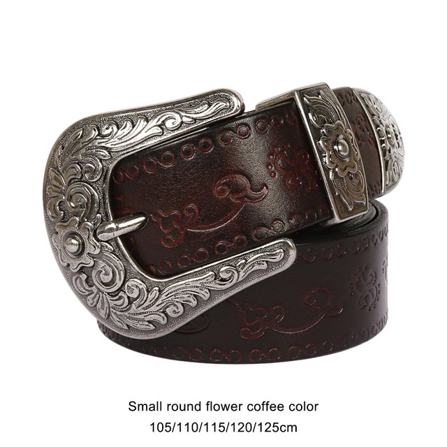Ruiboury Embossed Pattern Belt With Fine Craftsmanship For Vintage And Western Looks Long Fashion Embossed Pattern Rivet Belt round flowers black 105cm 5Set