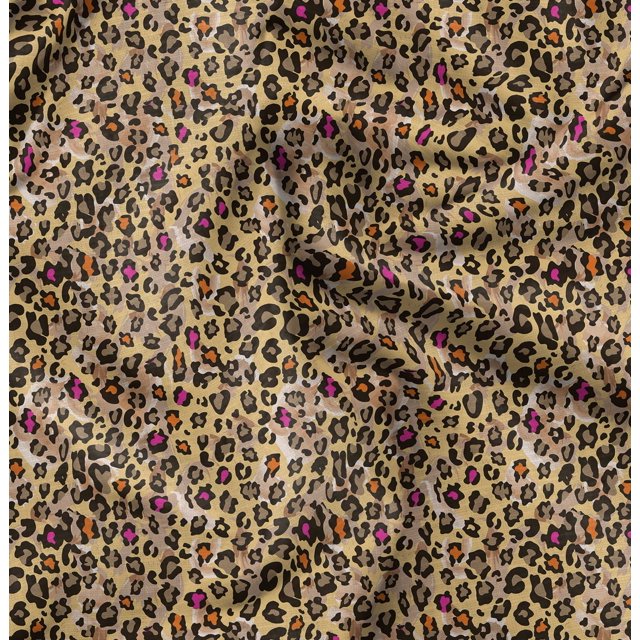 Soimoi Orange polyester Crepe Fabric Leopard Animal Skin Print Sewing Fabric Yard 52 Inch Wide