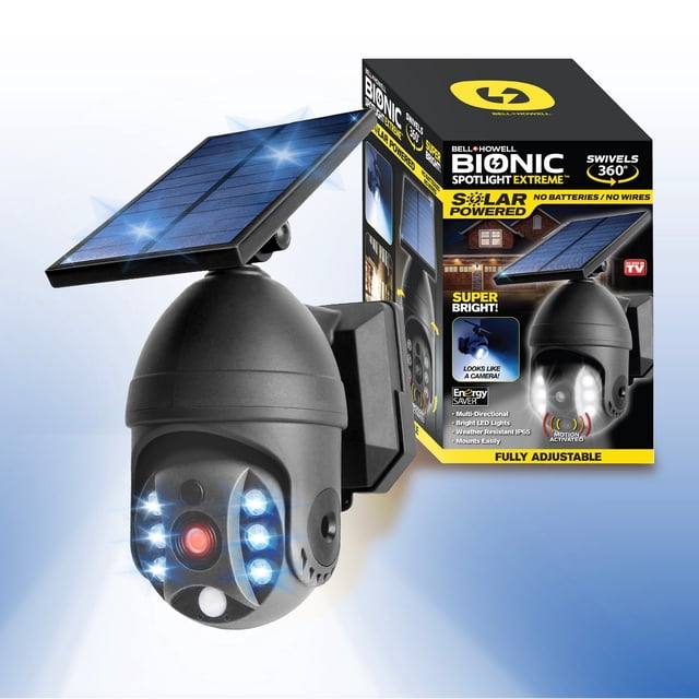 Bell + Howell Bionic Spotlight Extreme 360° Adjustable 250 Lumen Solar Powered Motion Sensor Outdoor Security Light with black weatherproof housing, multi-LED array, and solar panel on top, shown with packaging highlighting no batteries, motion activation, and easy installation, ideal for outdoor security and energy-saving lighting.