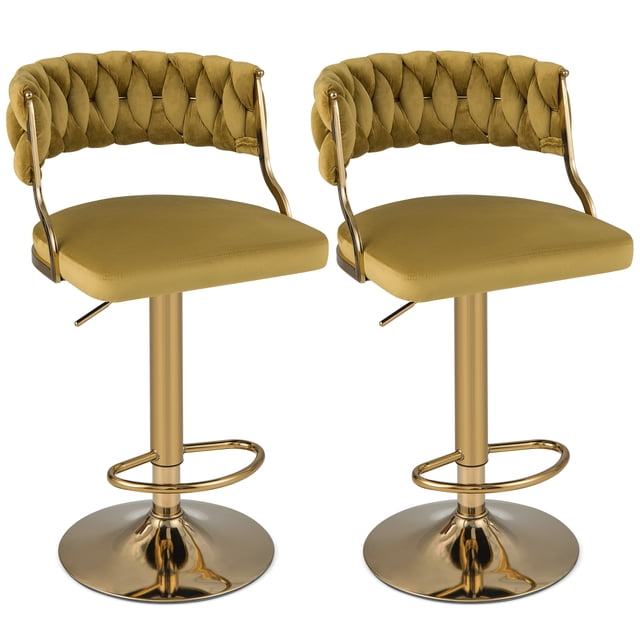 Costway Swivel Velvet Bar Stools Set of 2 Upholstered Adjustable Woven Backrest Yellow