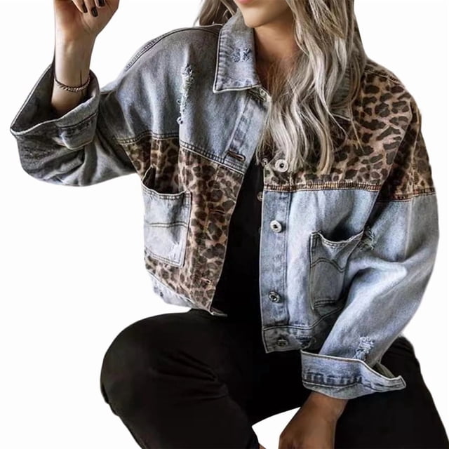 Womens Button Down Distressed Leopard Denim Jean Jacket Washed Long Sleeve Ripped Cheetah Jean Coat Light Blue XL