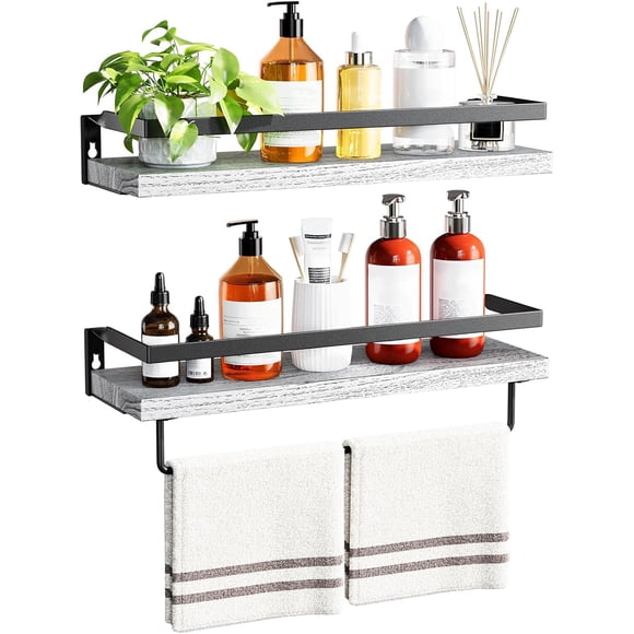 AMADA HOMEFURNISHING Wall Shelves, Floating Shelves for Bathroom, Kitchen, Bedroom, Bathroom Shelf with Towel Bar, Set of 2, White - AMFS01W