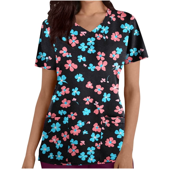 Pisexur Womens Scrub Tops Boasting Colorful Floral Prints Along With Short Sleeve Scrub Tops Suitable for Nursing Uniforms With Convenient Pockets