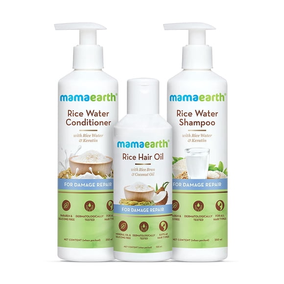 Mamaearth Hair Demage Repair Kit: Rice Water Shampoo 250 ml + Rice Water Conditioner 250 ml + Rice Water Hair Oil 150 ml