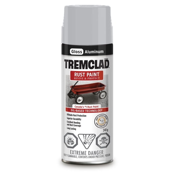 Tremclad Spray Paint, Gloss Aluminum, Rust Paint, Oil-Based, 340 g Aerosol