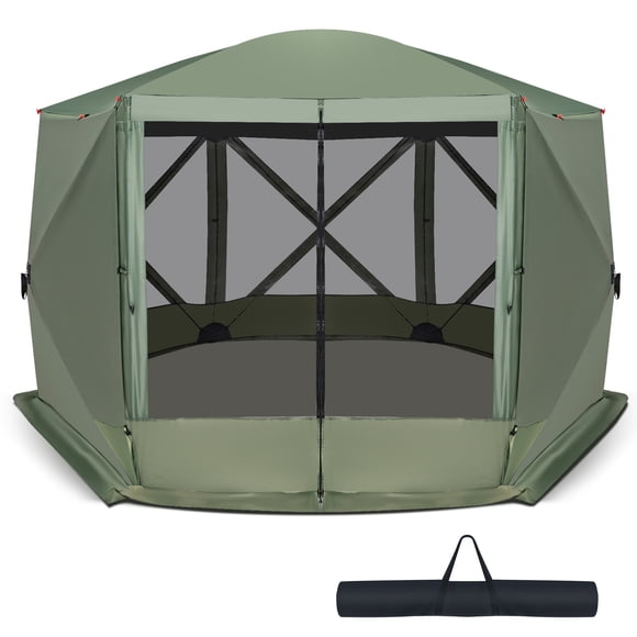 Costway Abri Moustiquaire Escamotable à 6 Côtés de 11,5 X 11,5 Pi avec 2 Panneaux Coupe-Vent pour le Camping Vert