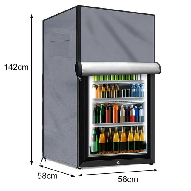EASTIN Outdoor Refrigerator Cover, a waterproof protective cover for upright mini freezers, shown in grey. The cover fully encloses the appliance, with dimensions of 142cm height and 58cm width. The front panel is rolled up, displaying shelves stocked with assorted beverages. Ideal for outdoor appliance protection.
