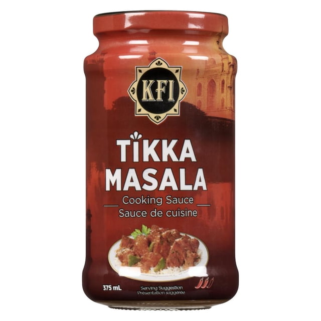 KFI TIKKA MASALA cooking sauce jar with a red-brown label showing cooked meat pieces in sauce over rice, 375 mL, featuring aromatic Indian spices like fenugreek and cardamom, ideal for Indian and South Asian cooking and often used to add rich flavor to slow-cooked dishes.