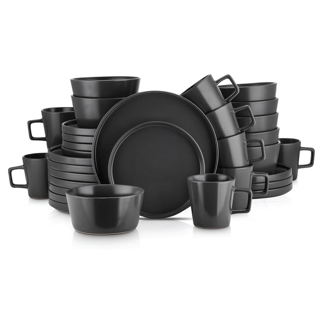 Stone Lain Celina Stoneware 32 Piece Dinnerware Set, Service for 8, Black Matte. Features a modern matte finish and sculpted lip rims, blending contemporary style with timeless charm. Includes 8 dinner plates, 8 salad plates, 8 deep bowls, and 8 mugs, crafted from durable stoneware. Perfect for enhancing tablescapes during dinner parties or daily meals. Microwave and dishwasher safe for convenience.