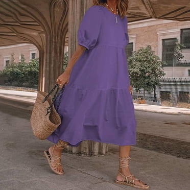 LOVZFMLL Mode Femmes Ample Couleur Unie O Manches Bouffantes Décontractée Manches Courtes Robe Violet m